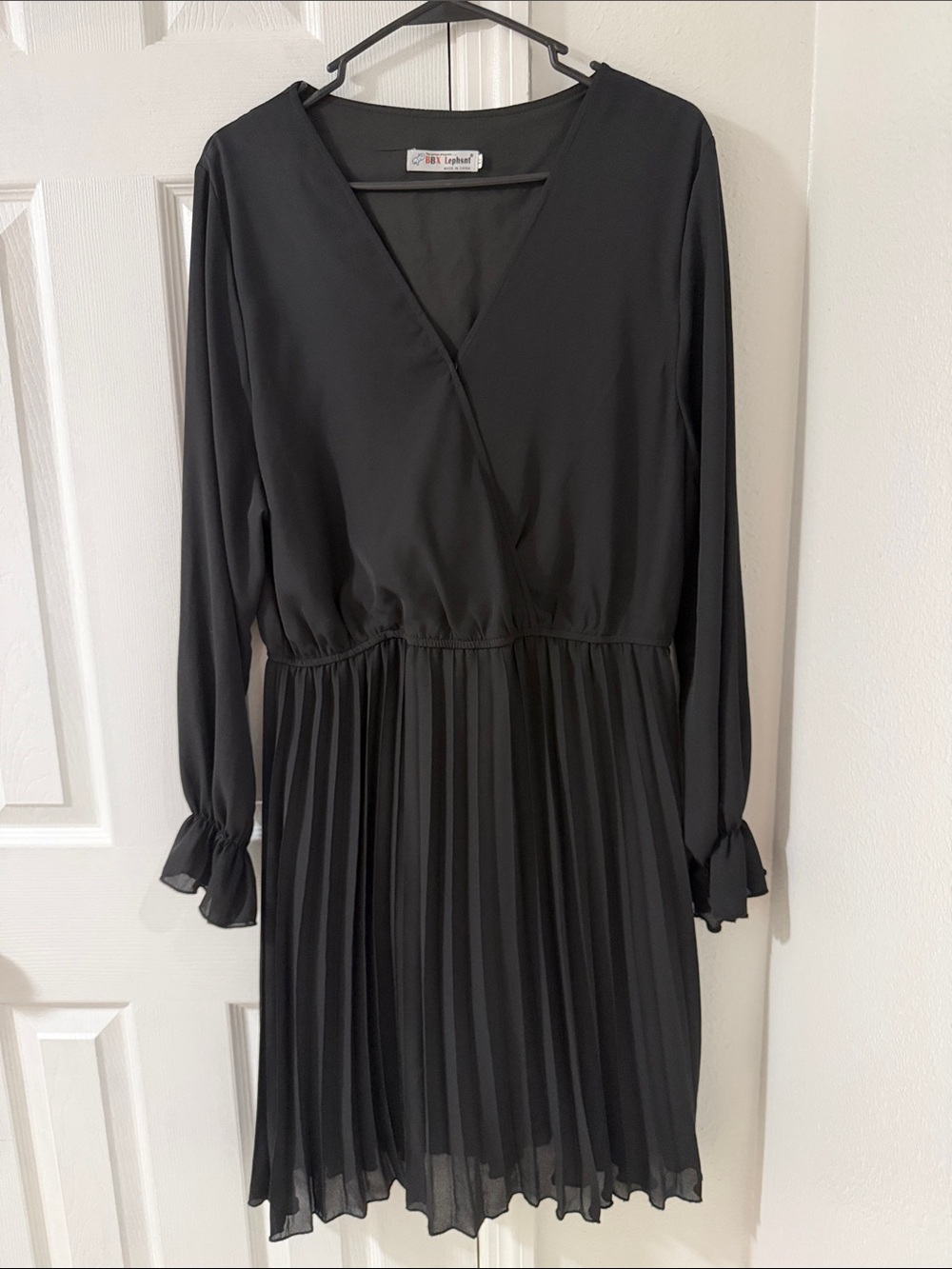 Black Pleated Long-Sleeve V-Neck Dress by Liz Claiborne